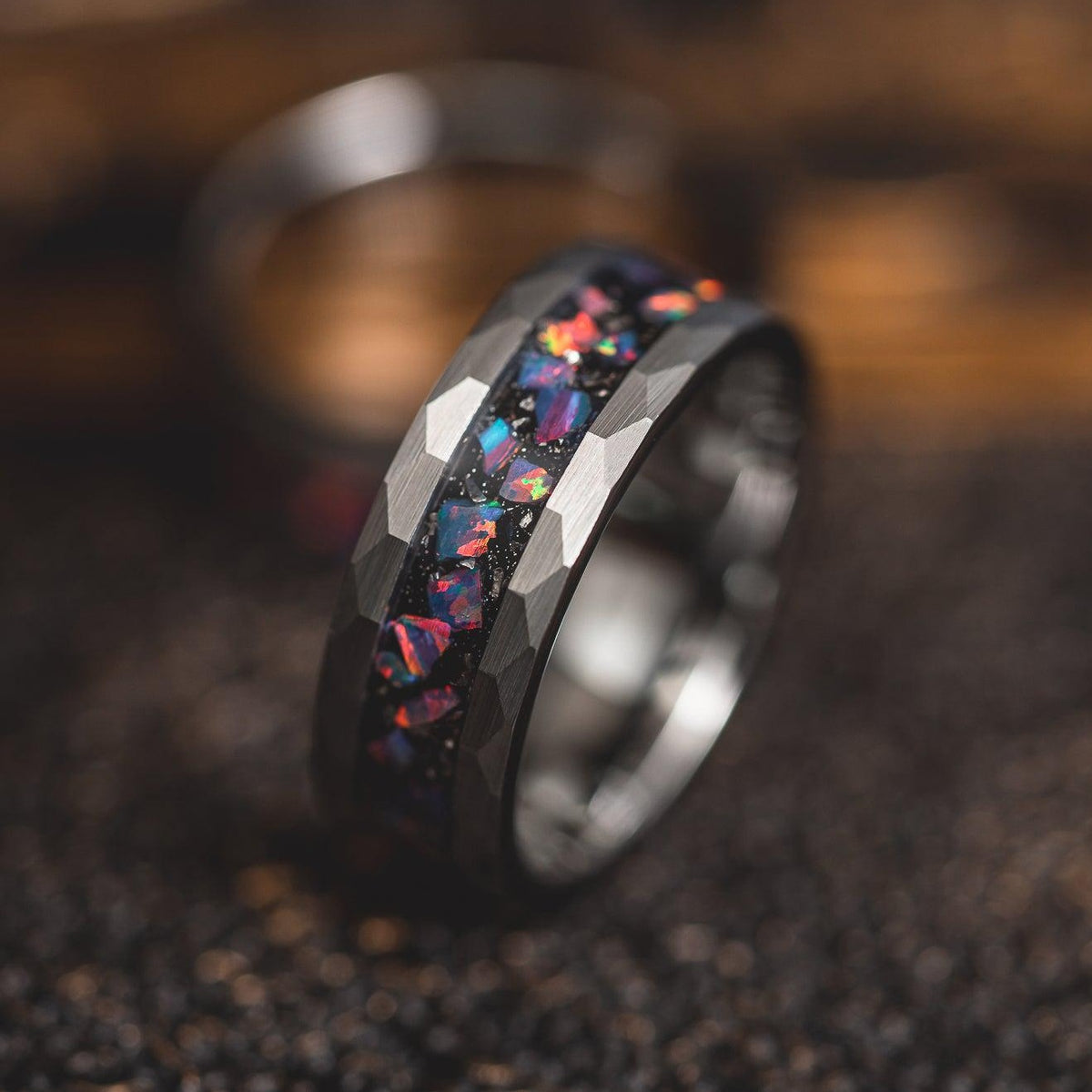 &quot;Zeus&quot; Hammered Tungsten Carbide Ring- Meteorite and Opal- Silver- 6mm/8mm