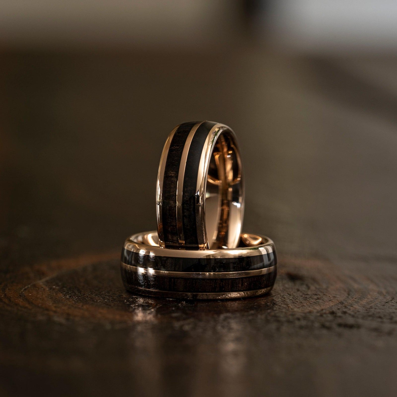 "Dionysus"  Ancient Bog Oak Double Barrel Rose Gold Tungsten Ring