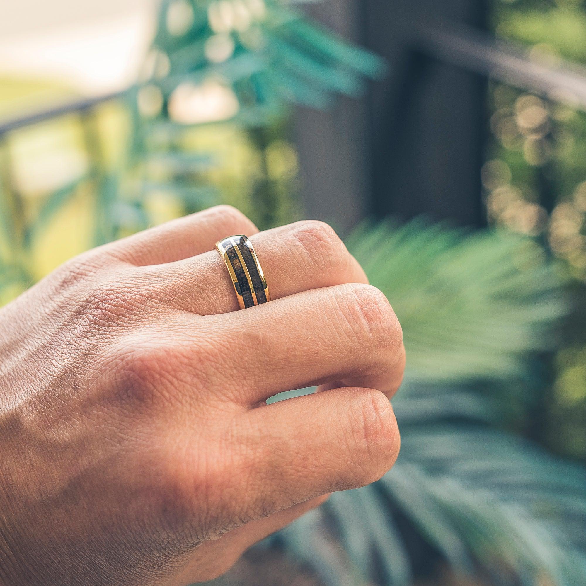 "Dionysus"  Ancient Bog Oak Double Barrel Yellow Gold Tungsten Ring