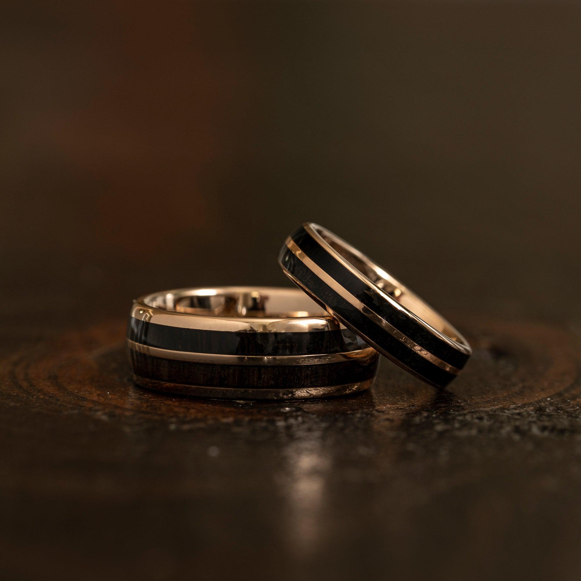 "Dionysus"  Ancient Bog Oak Double Barrel Rose Gold Tungsten Ring