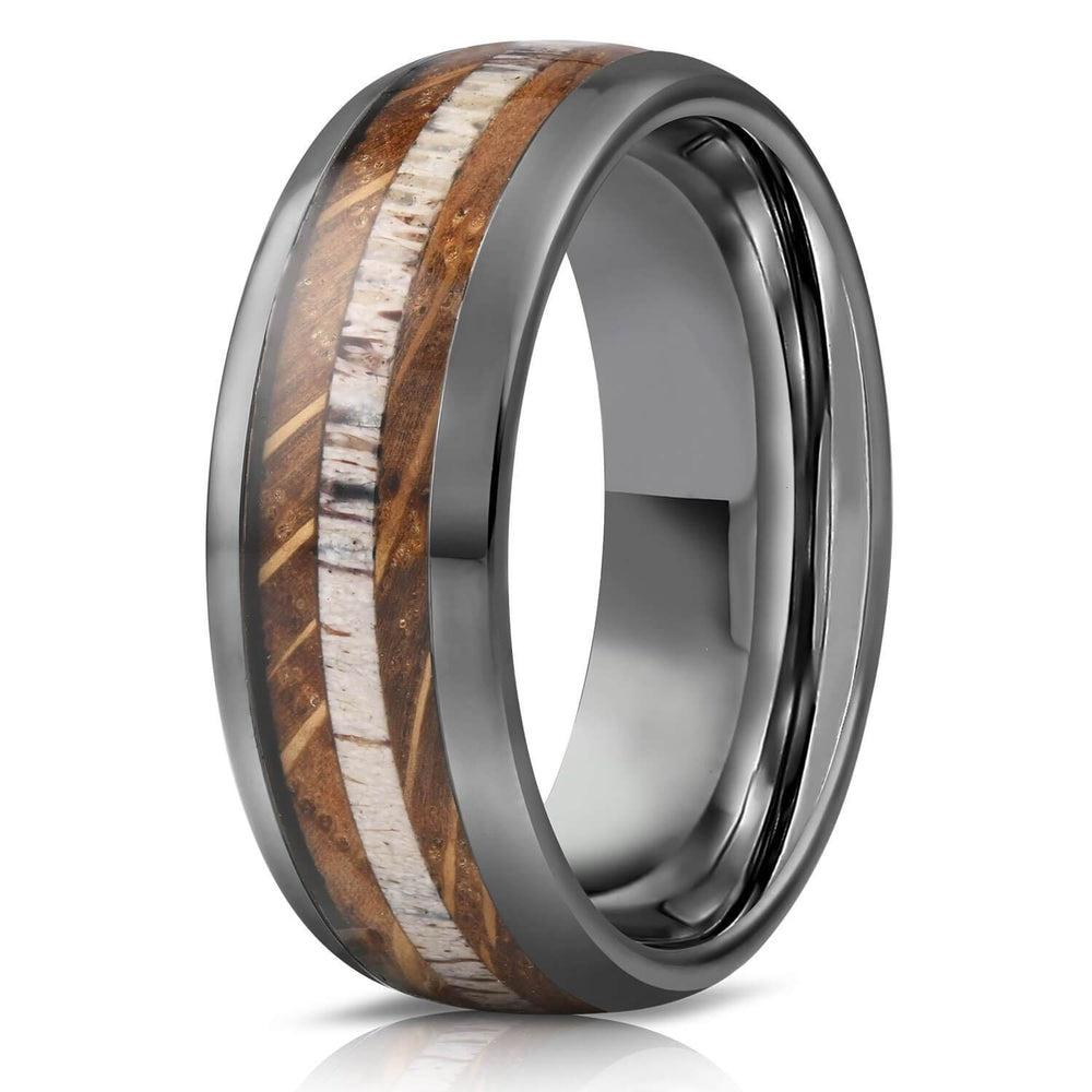"Dionysus" Whisky Barrel Wood x Antler Ring- Gunmetal Tungsten-Rings By Lux