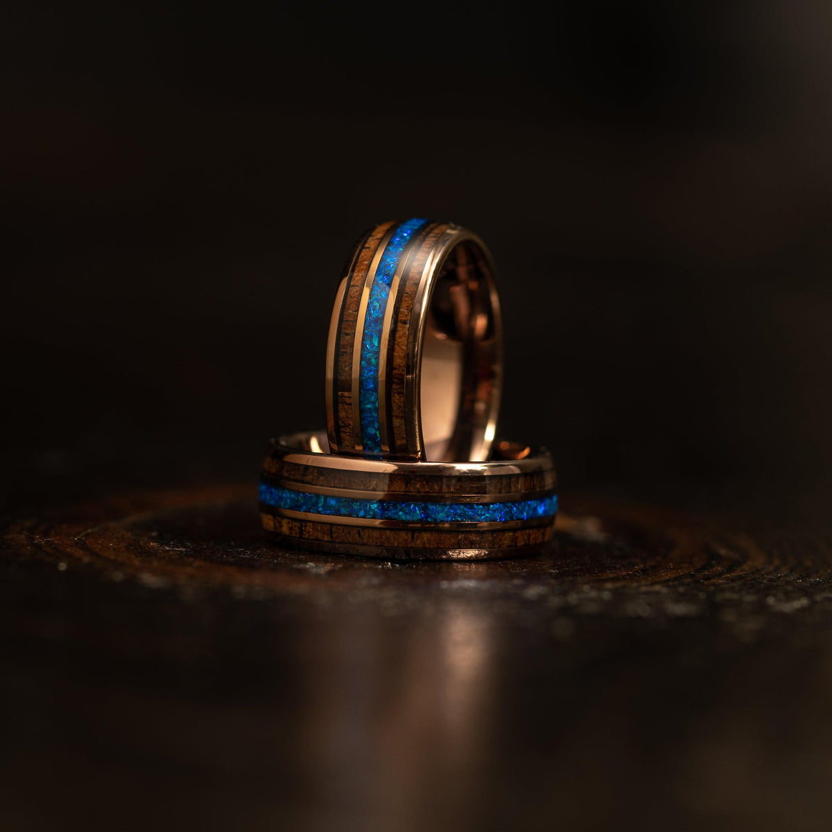 &quot;Dionysus&quot;  Whisky Barrel x Blue Opal Smoked Rose Gold Tungsten Ring