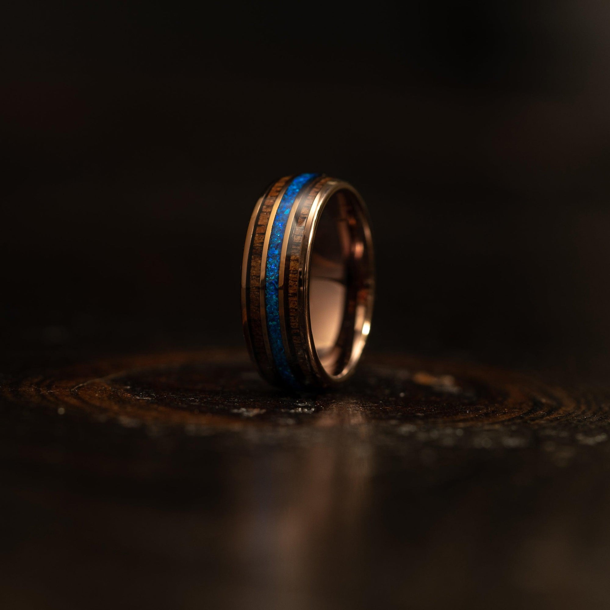 "Dionysus"  Whisky Barrel x Blue Opal Smoked Rose Gold Tungsten Ring