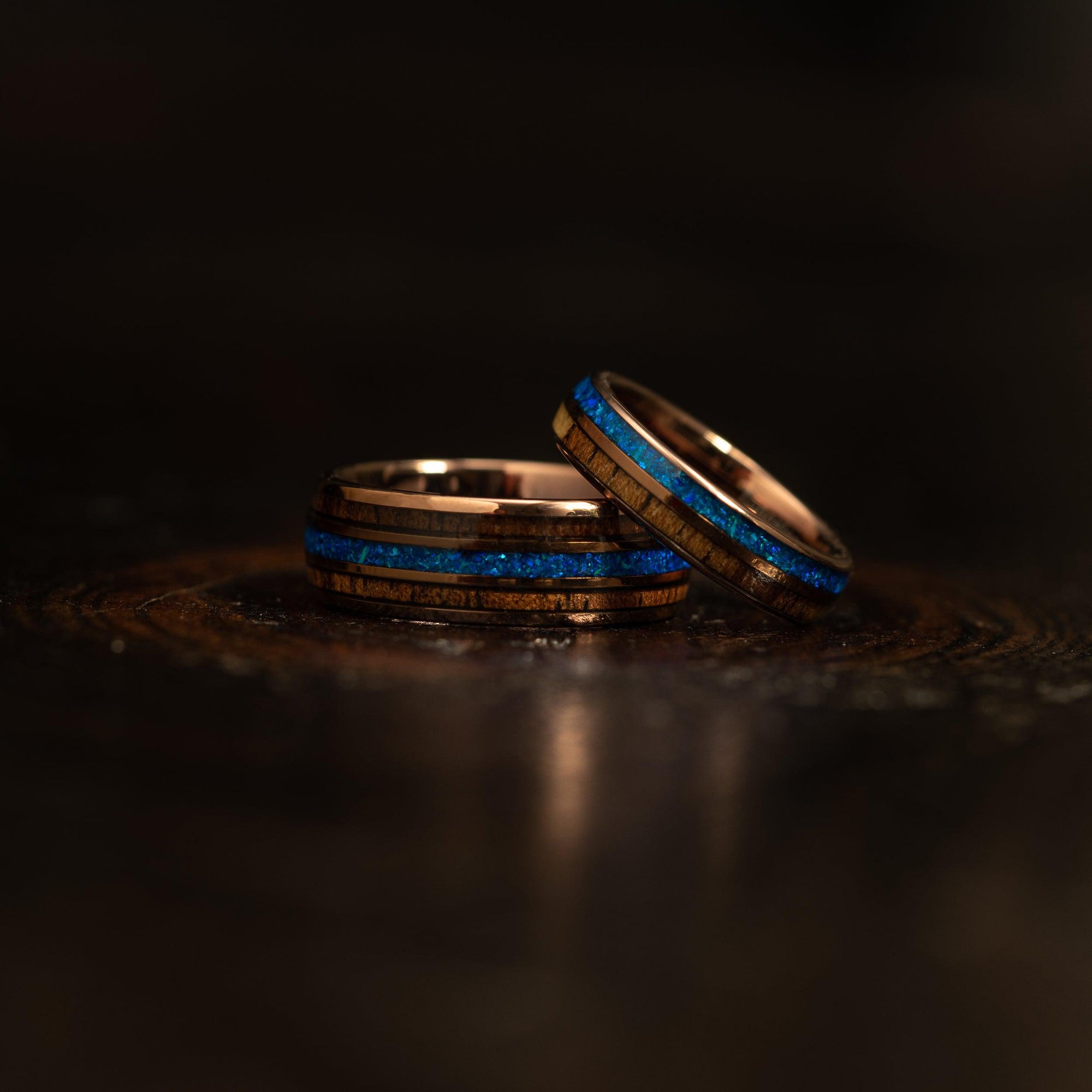 "Dionysus"  Whisky Barrel x Blue Opal Smoked Rose Gold Tungsten Ring