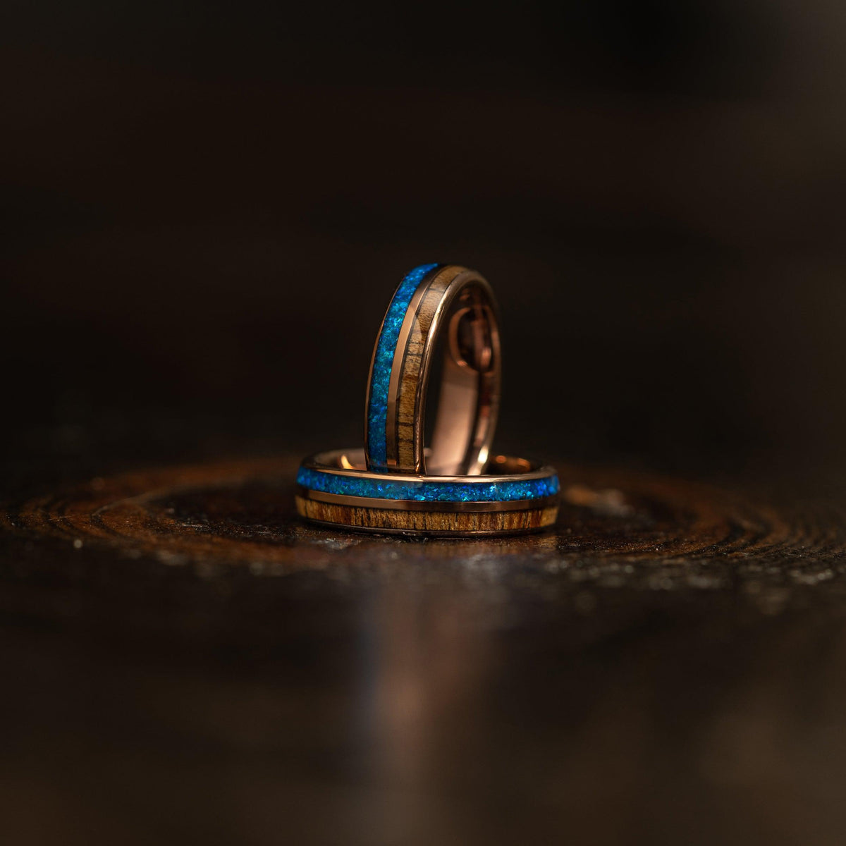 "Dionysis" Womens Tungsten Carbide Ring- Smoked Rose Gold X Blue Opal- 5mm