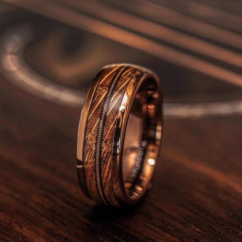 &quot;Dionysus&quot; Whisky Barrel Wood x Guitar String Ring- Rose Gold Tungsten-Rings By Lux