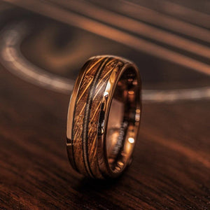 "Dionysus" Whisky Barrel Wood x Guitar String Ring- Rose Gold Tungsten-Rings By Lux