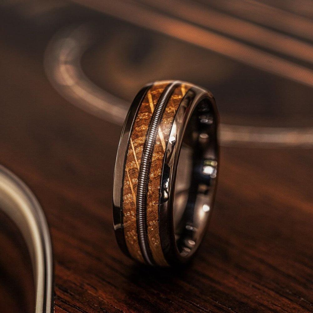 &quot;Dionysus&quot; Whisky Barrel Wood x Guitar String Ring- Gunmetal Tungsten-Rings By Lux