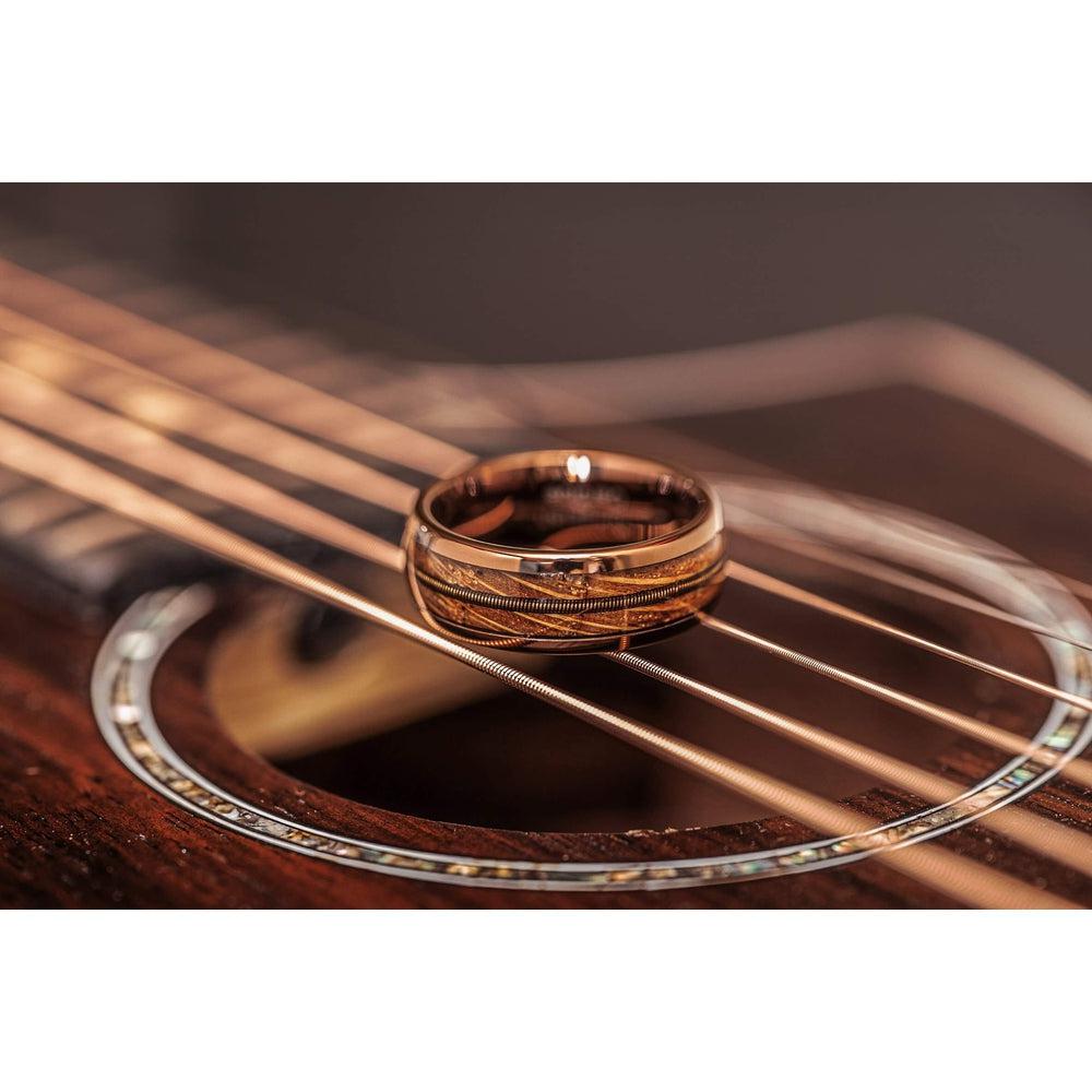 "Dionysus" Whisky Barrel Wood x Guitar String Ring- Rose Gold Tungsten-Rings By Lux