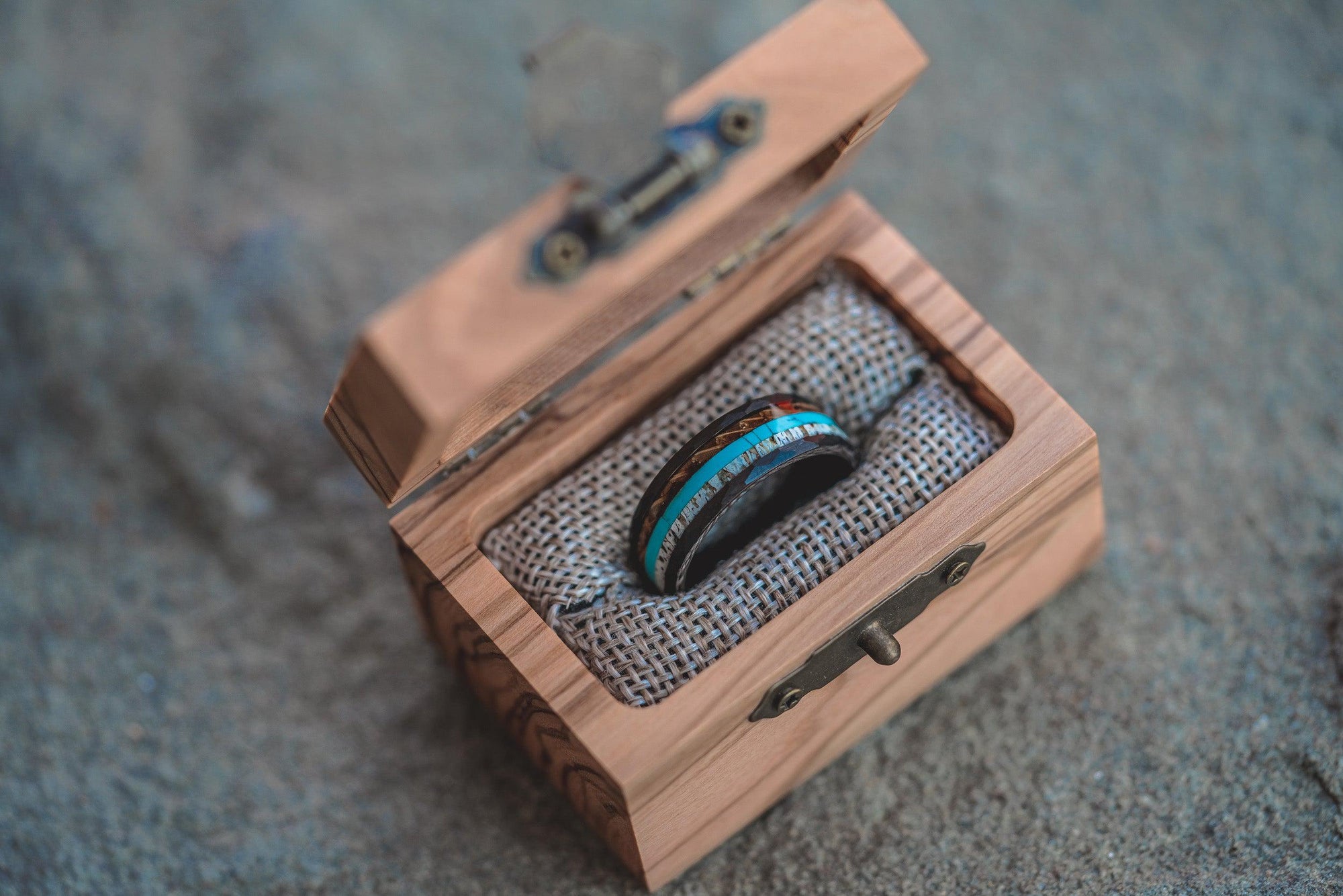 "Zeus" Hammered Ring- Black with Charred Whiskey Barrel, Turquoise and Antler