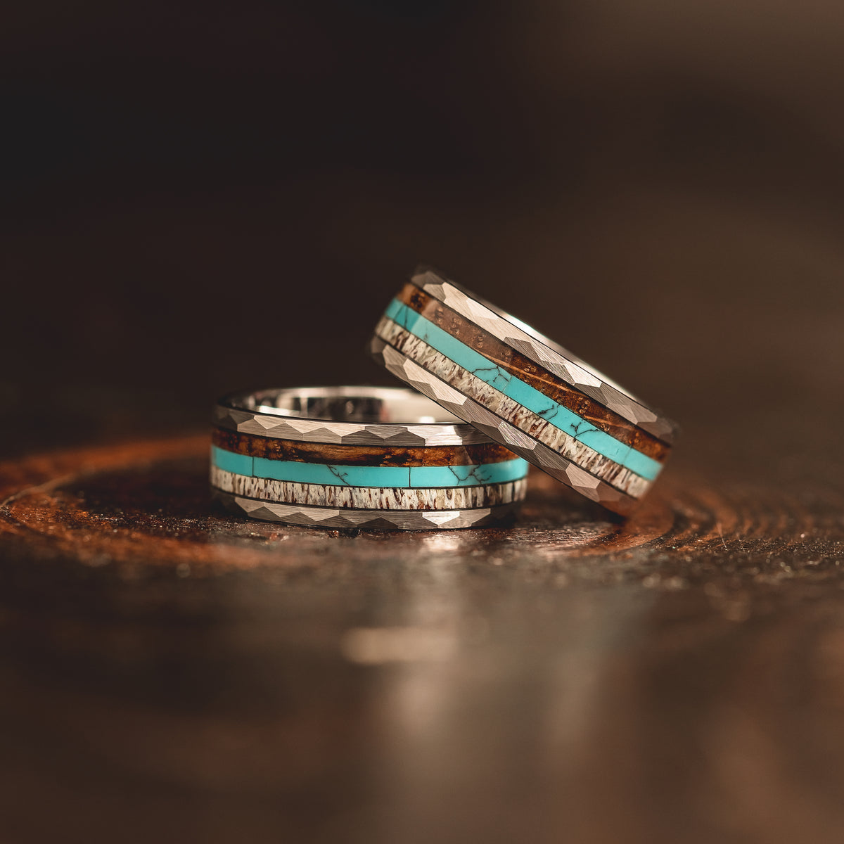 &quot;Zeus&quot; Hammered Ring- Silver with Charred Whiskey Barrel, Turquoise and Antler