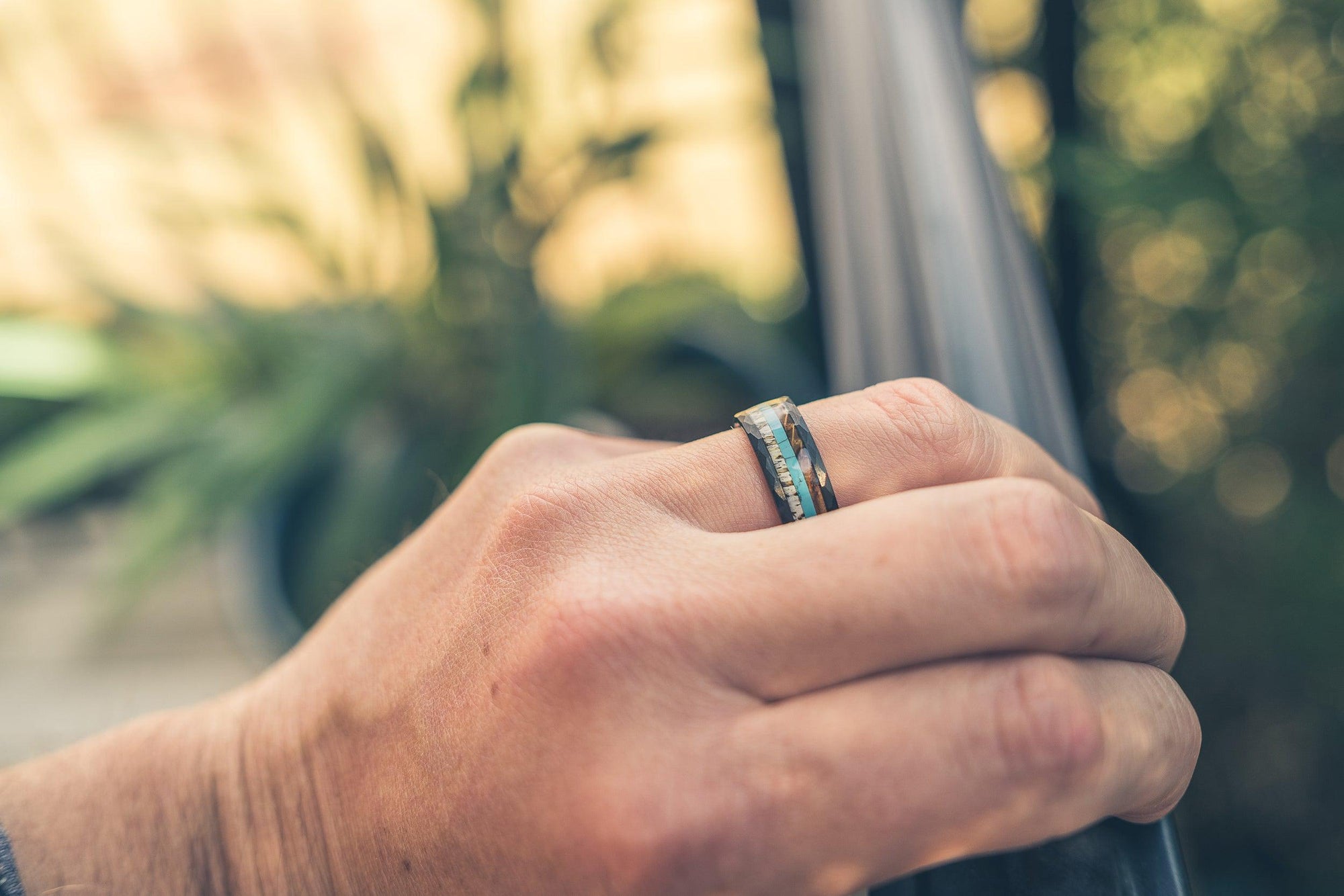 "Zeus" Hammered Ring- Black with Charred Whiskey Barrel, Turquoise and Antler