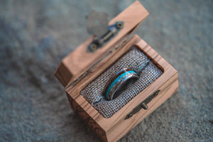 "Zeus" Hammered Ring- Silver with Charred Whiskey Barrel, Turquoise and Antler