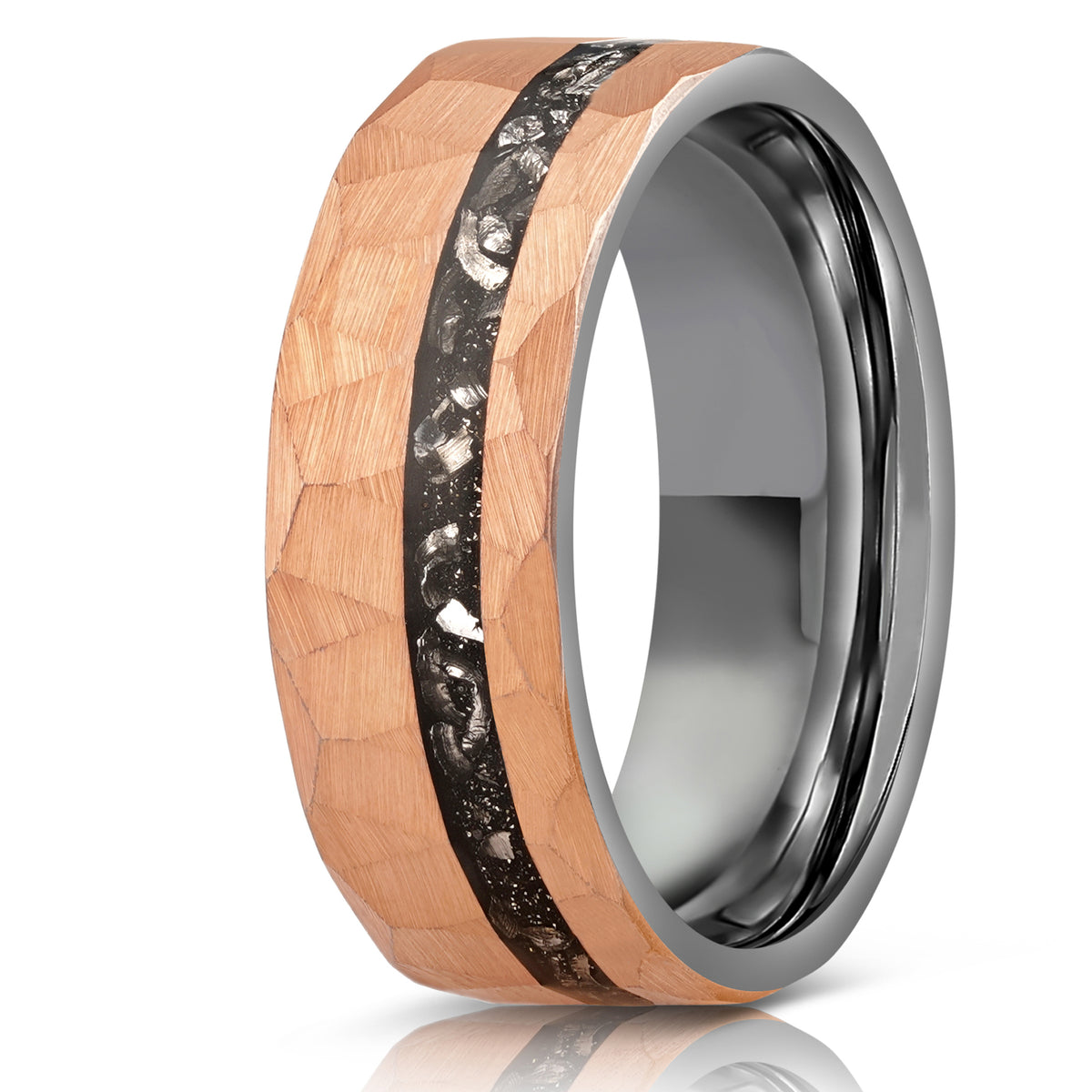 "Zeus" Hammered Tungsten Carbide Ring- Rose Gold w/ Meteorite- 8mm