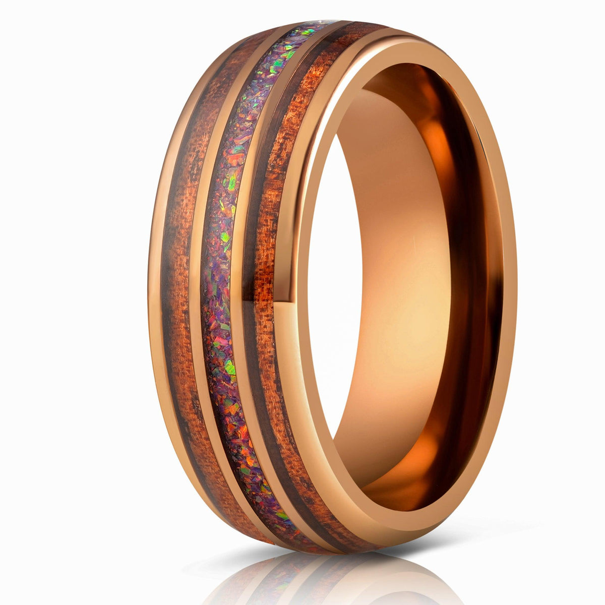 "Dionysus"  Koa x Purple Galactic Opal - Smoked rose gold Tungsten Ring