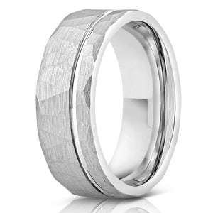 "Zeus" Hammered Tungsten Carbide Ring- Flat with Silver Strip- 6mm/8mm