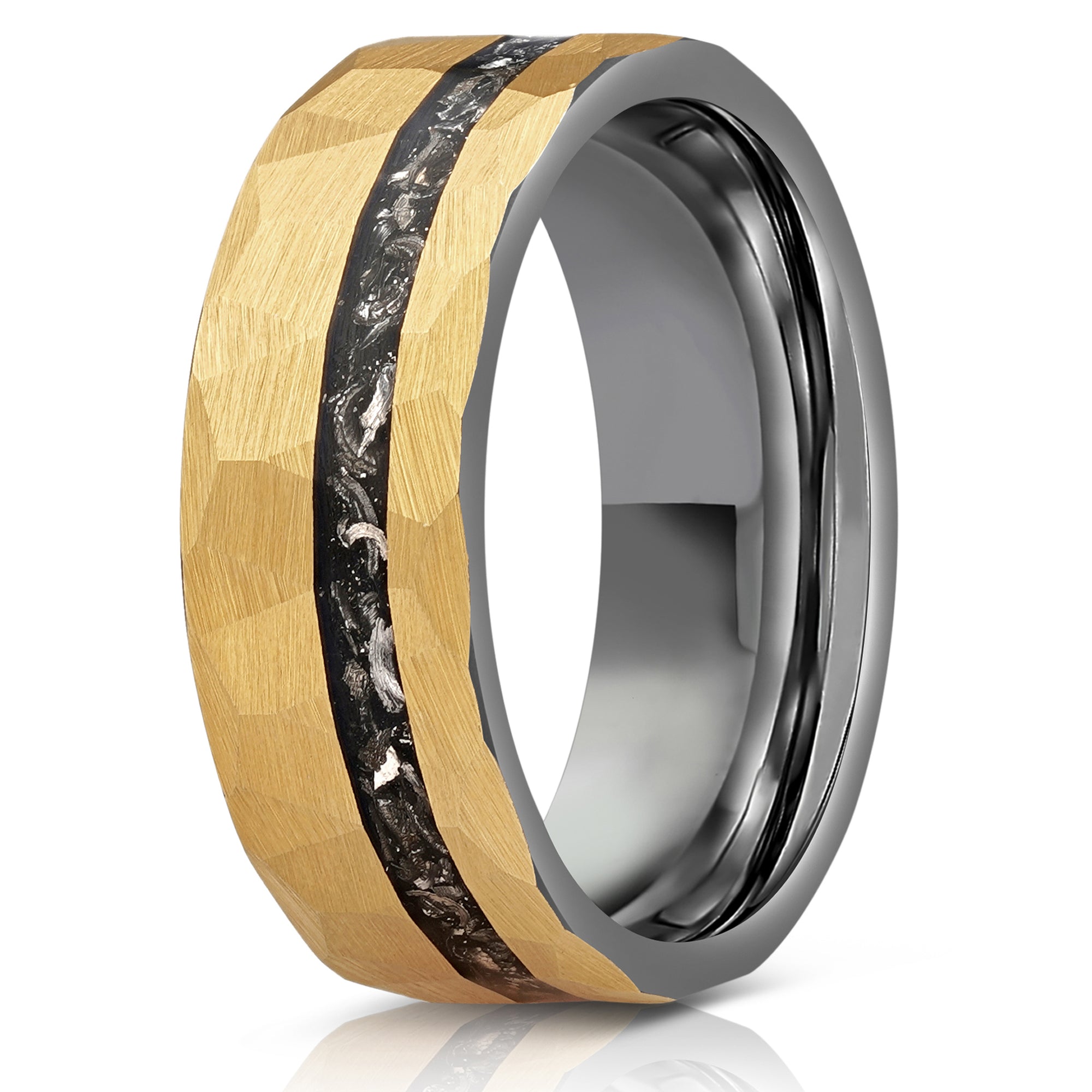 "Zeus" Hammered Tungsten Carbide Ring- Yellow Gold w/ Meteorite- 8mm