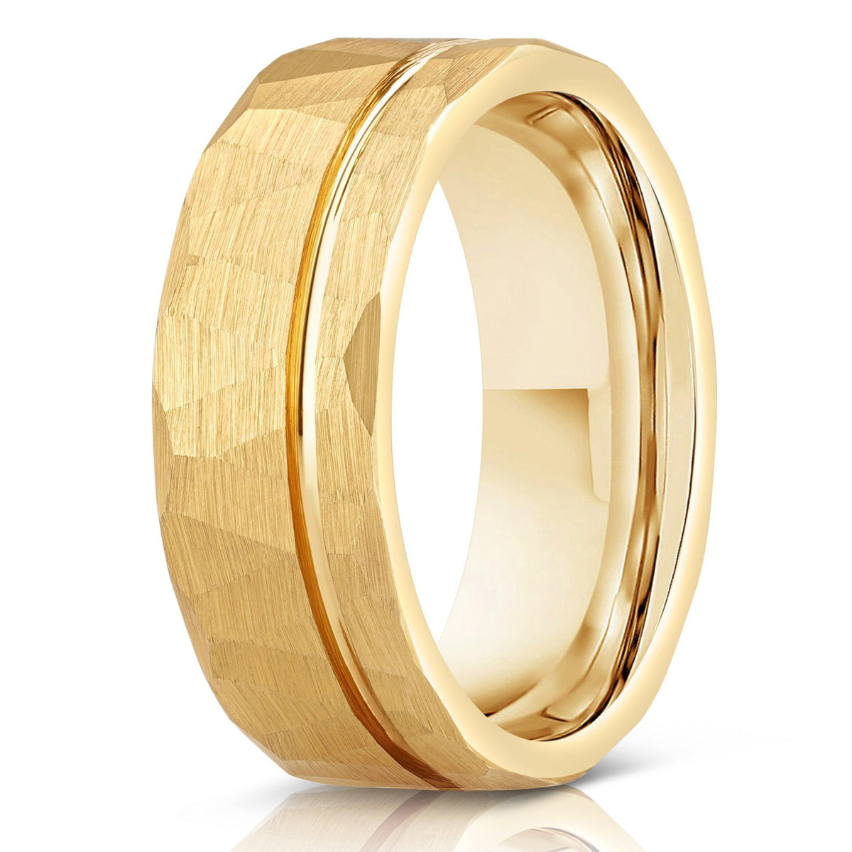 "Zeus" Hammered Tungsten Carbide Ring- Flat with Yellow Gold Strip- 6mm/8mm