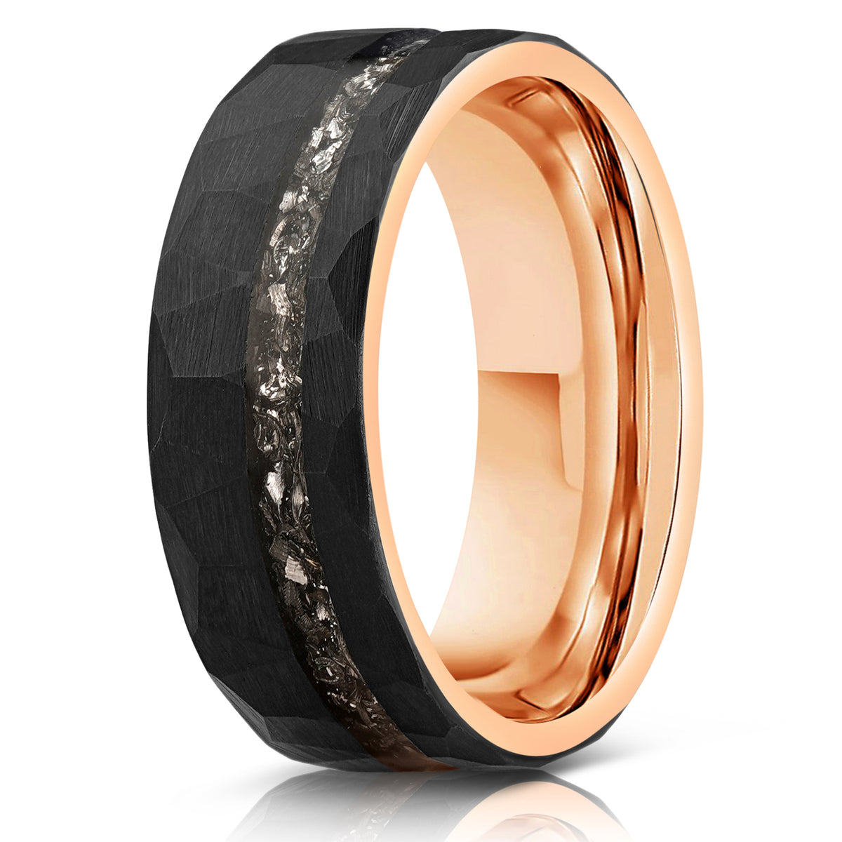 "Zeus" Hammered Tungsten Carbide Ring- Black/Rose Gold w/ Meteorite- 8mm