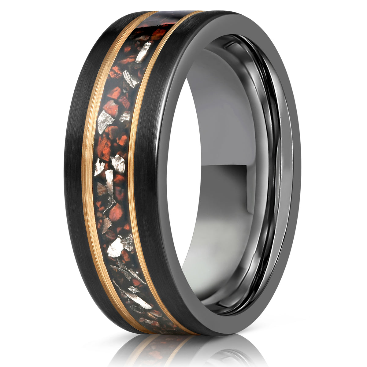 "Perseus" Black/Rose Flat Tungsten Carbide Ring- Dinosaur Bones and Meteorite- 8mm