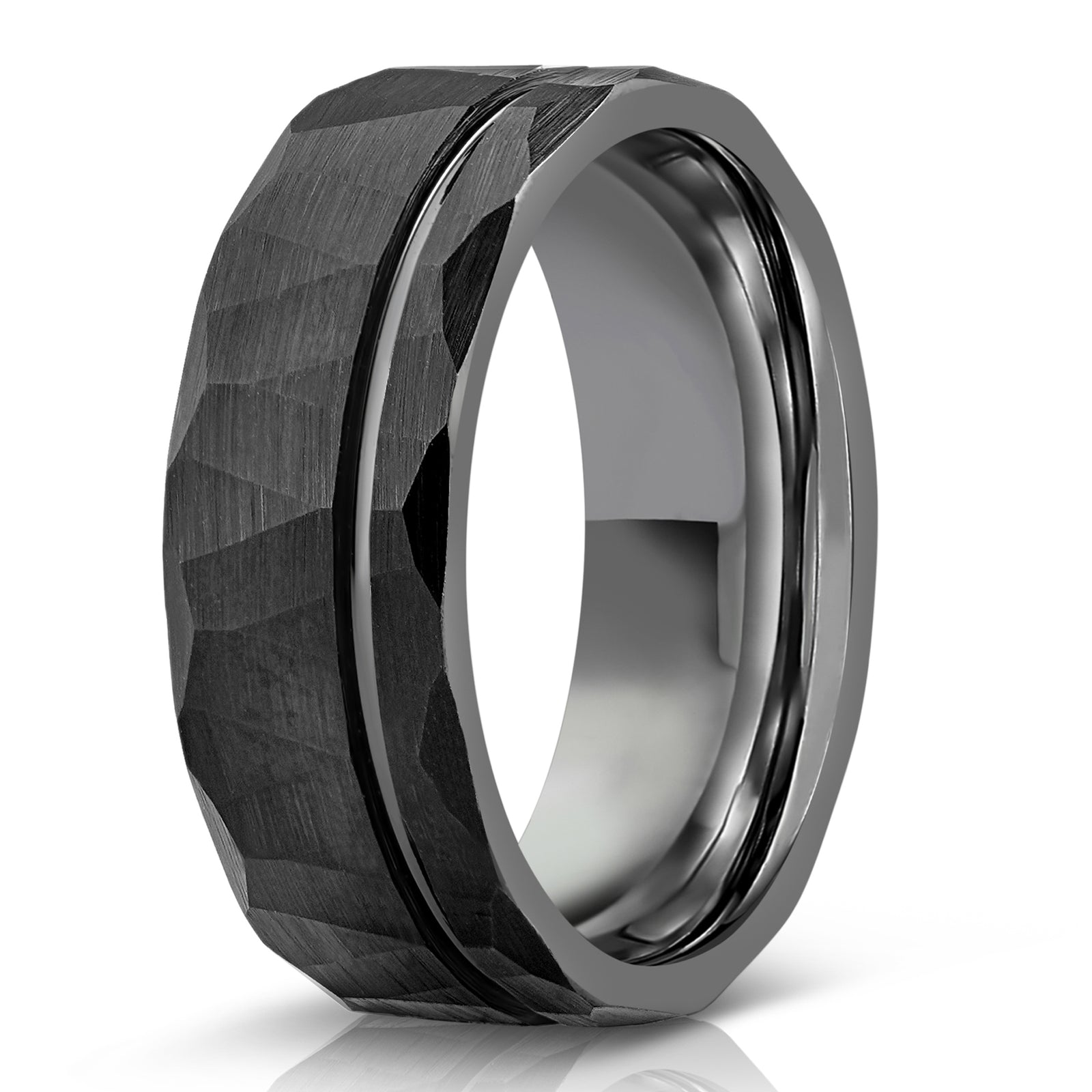 "Zeus" Hammered Tungsten Carbide Ring- Flat with Black Strip- 6mm/8mm