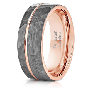 "Zeus" Hammered Tungsten Carbide Ring- White Gold w/ Rose Gold Strip- 6mm/8mm-Rings By Lux
