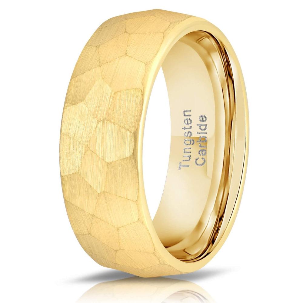 "Zeus" Hammered Tungsten Carbide Ring- Yellow Gold Plate- 8mm-Rings By Lux