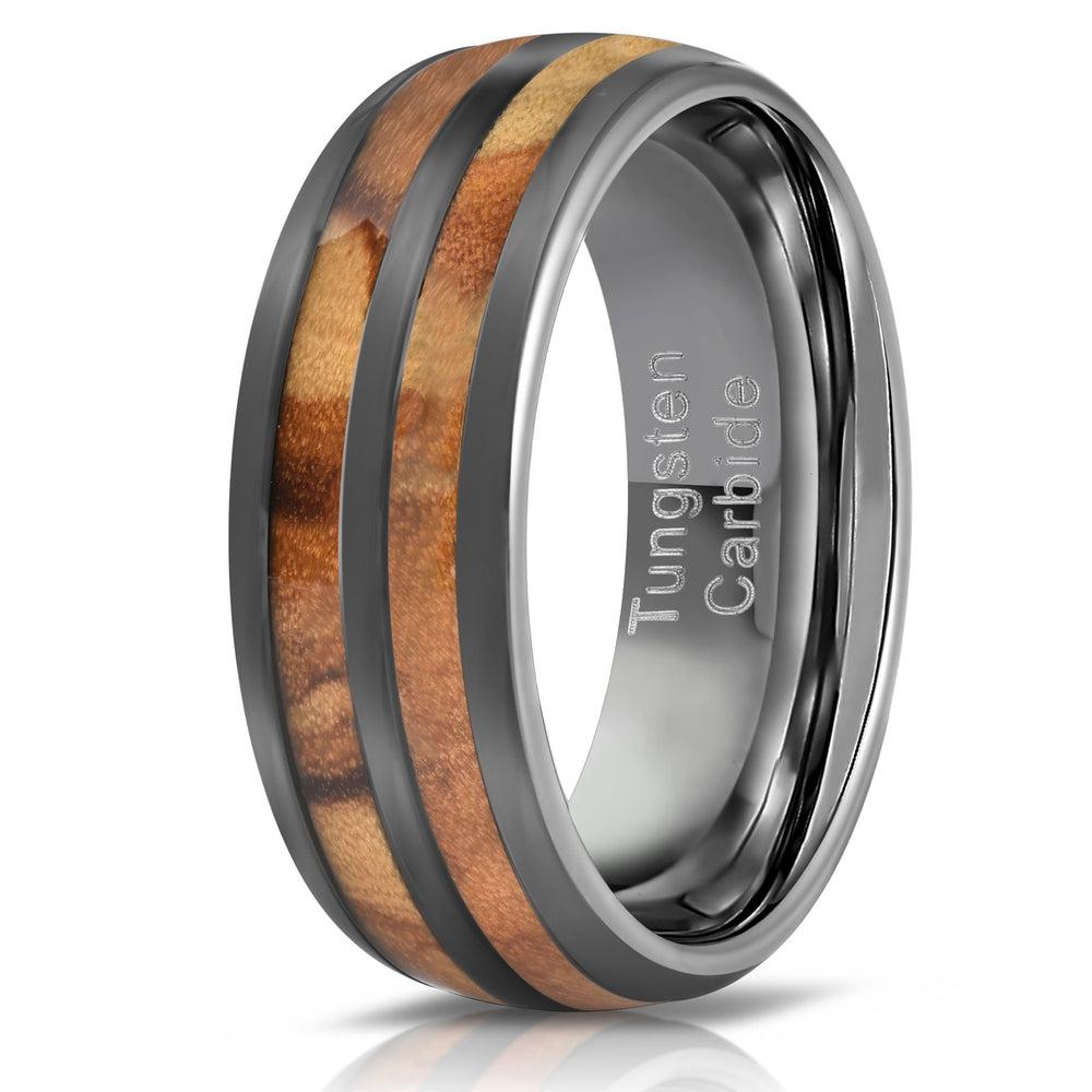 "Dionysus" Olive Wood Double Barrel Gunmetal Tungsten Ring-Rings By Lux