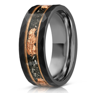 "Zeus" Hammered Tungsten Carbide Ring- Black w/ Meteorite & Rose Gold Leaf- 6mm/8mm