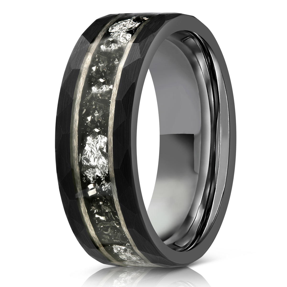"Zeus" Hammered Tungsten Carbide Ring- Black w/ Meteorite & White Gold Leaf- 6mm/8mm