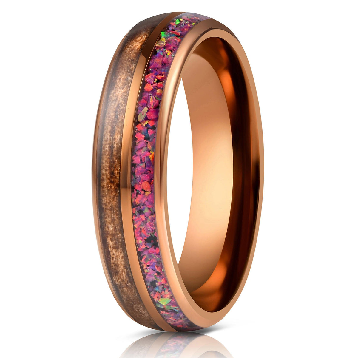 &quot;Dionysis&quot; Womens Tungsten Carbide Ring- Smoked Rose Gold X Galactic Opal- 5mm