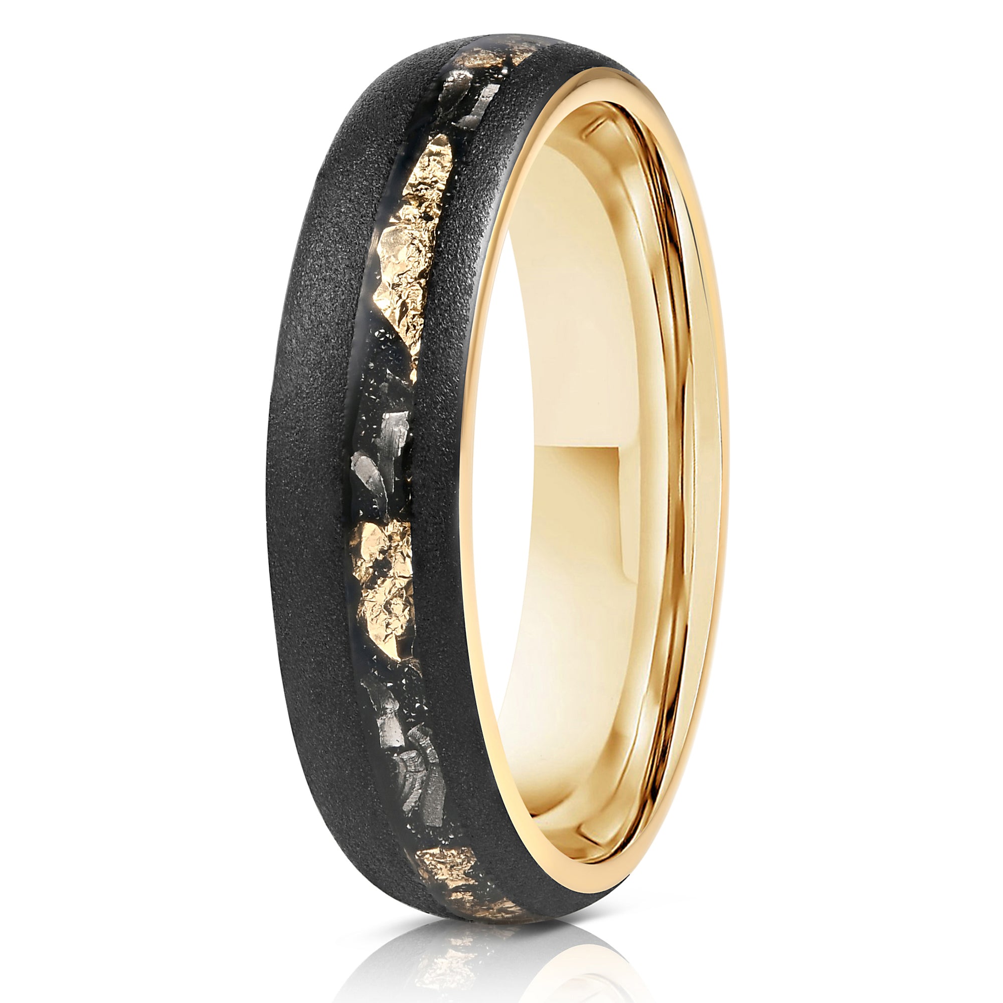 "Dionysus" Sandblasted Tungsten Carbide Ring- Womens Black w/ Gold Leaf & Meteorite- 5mm