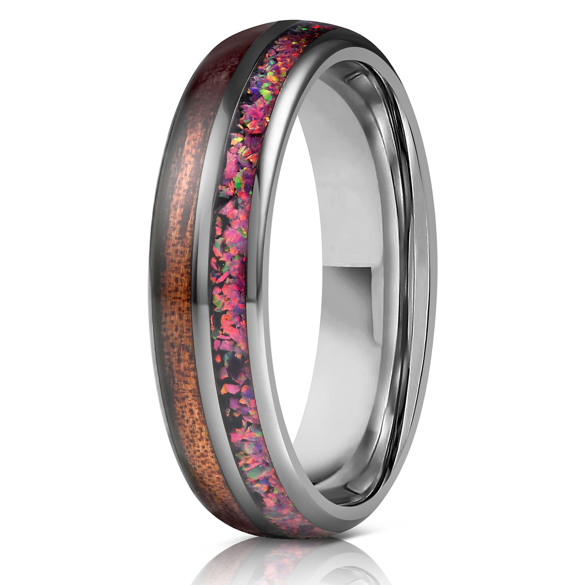 &quot;Dionysis&quot; Womens Tungsten Carbide Ring- Gunmetal X Galactic Opal- 5mm