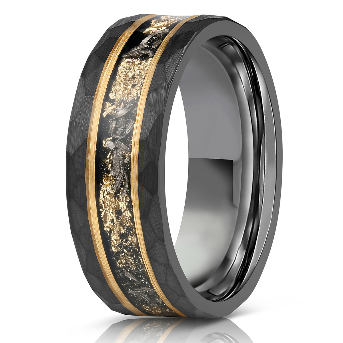"Zeus" Hammered Tungsten Carbide Ring- Black w/ Meteorite & Gold Leaf- 6mm/8mm