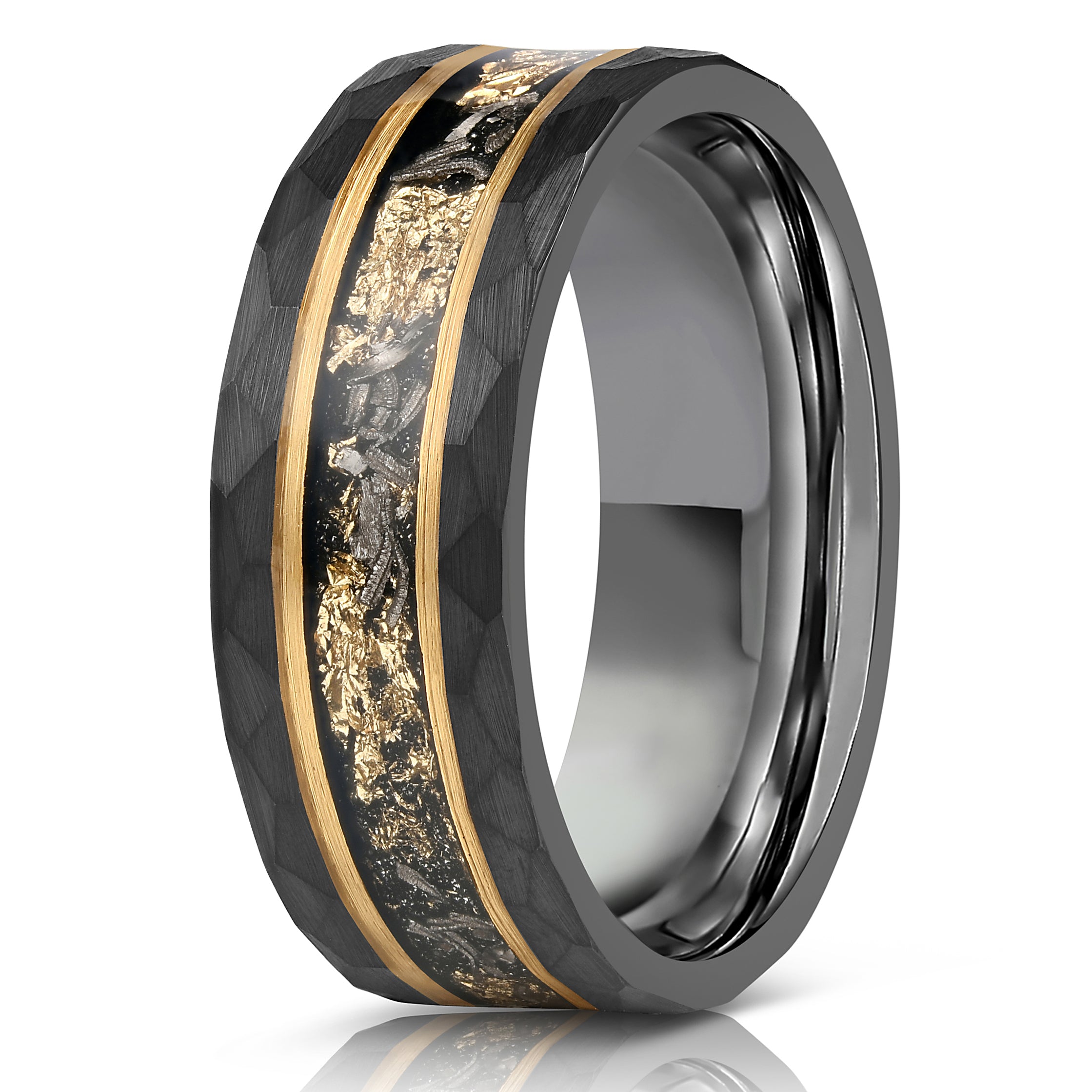 Zeus Hammered Tungsten Carbide Ring- Black w/ Meteorite & Gold