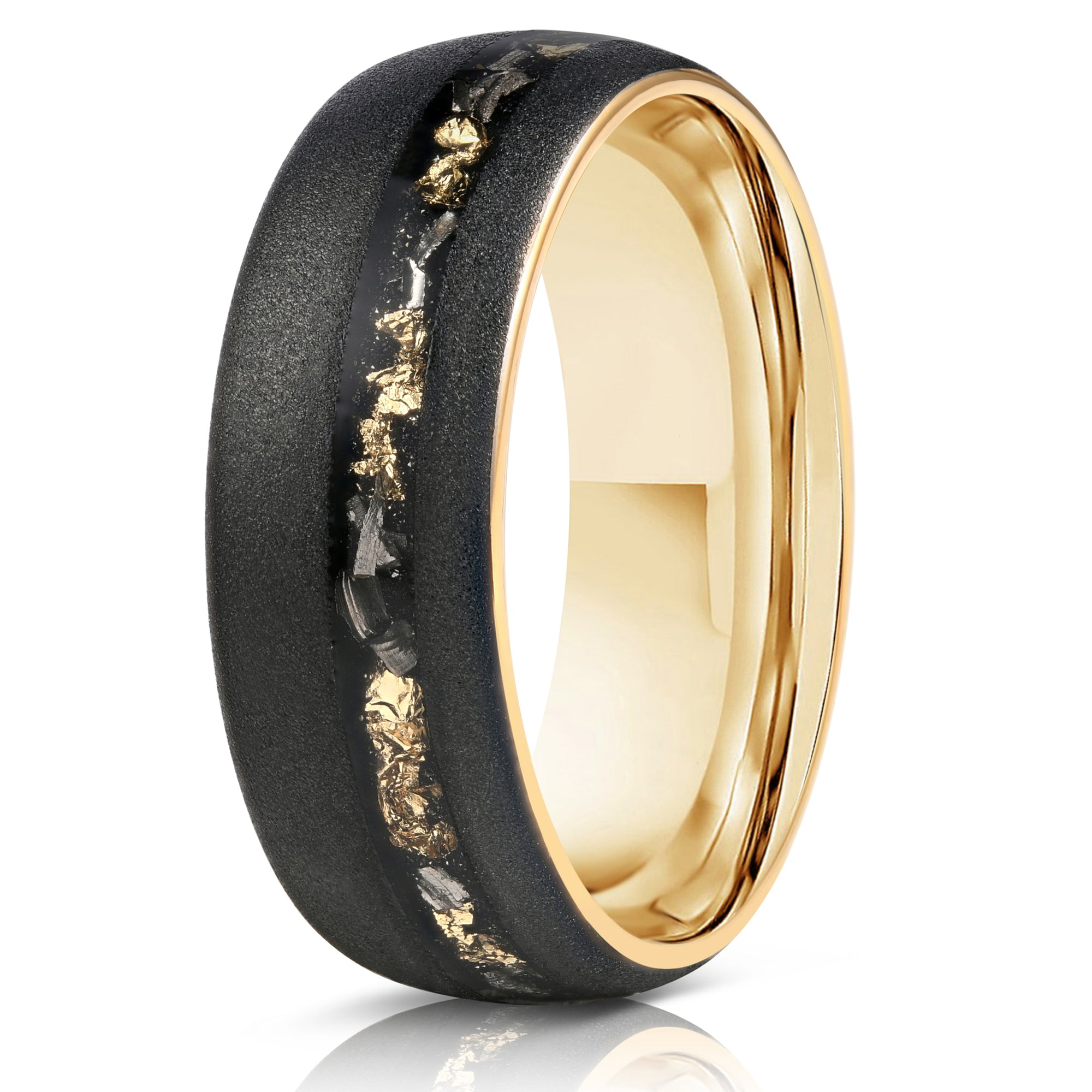 "Dionysus" Sandblasted Tungsten Carbide Ring- Black w/Gold Leaf & Meteorite- 8mm