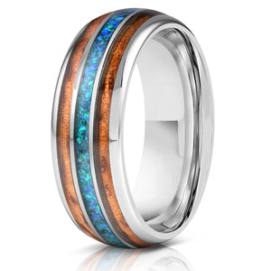 "Dionysus"  Koa x Blue-Green Opal Silver Tungsten Ring