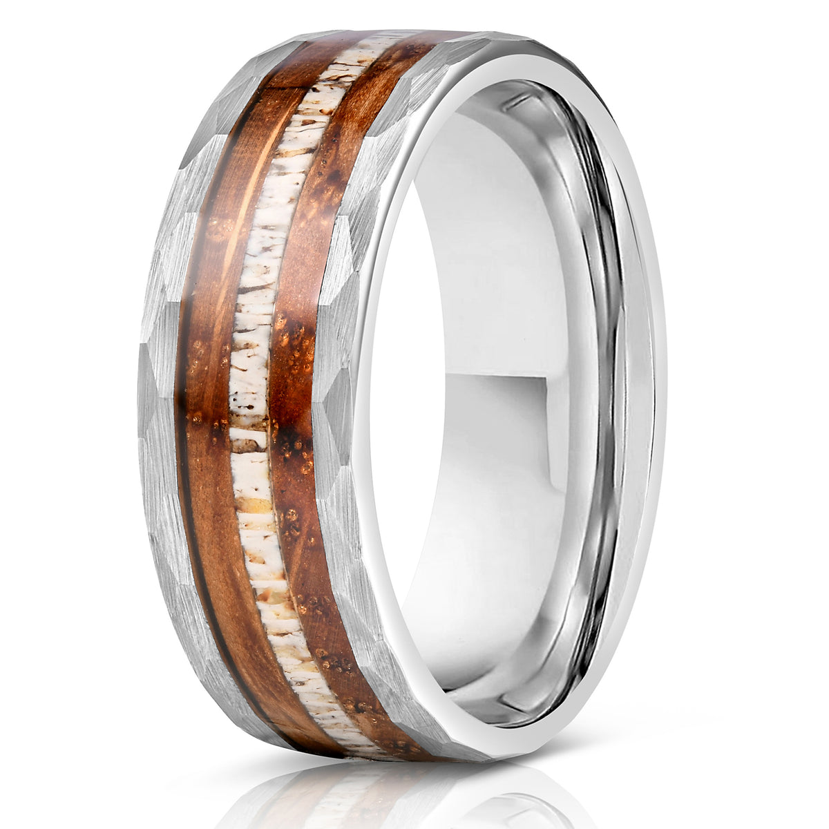 "Zeus" Hammered Ring- Silver with Charred Whiskey Barrel and Antler