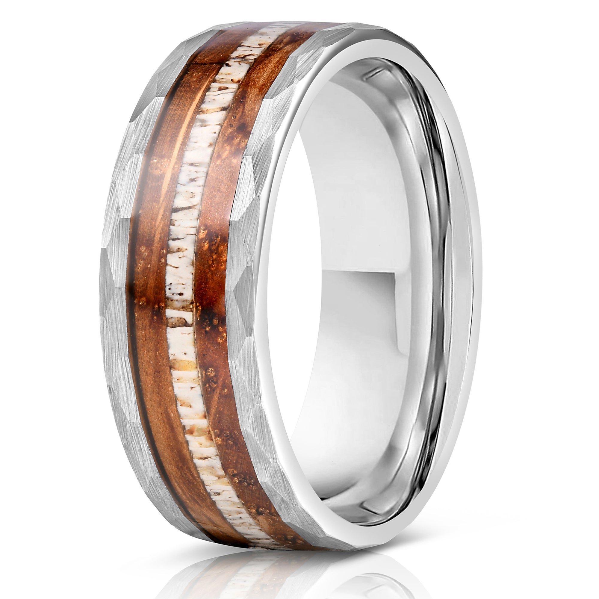 Cool Polished Black Tungsten Low Dome Ring with Gorgeous Gold Real Fishing Line Between Whiskey Barrel Oak Wood and Deer Antler Inlays.