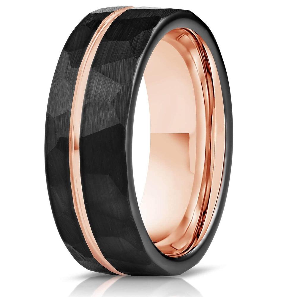Zeus Hammered Tungsten Carbide Ring- Black w/ Rose Gold Strip
