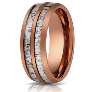"Dionysus" Double Barrel Naturally Shed Antler Rose Gold Tungsten Ring- Domed-Rings By Lux