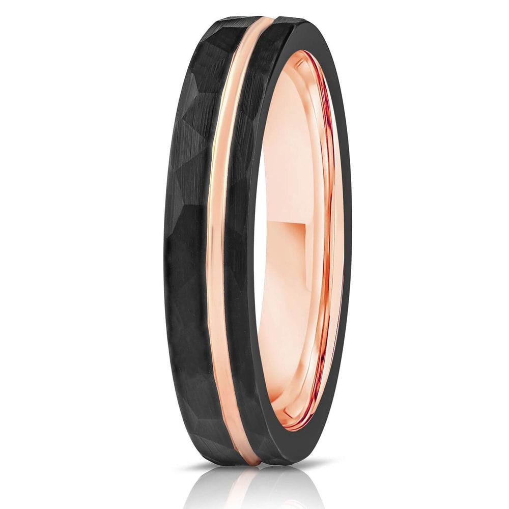 "Zeus" Womens Hammered Tungsten Carbide Ring- Black w/ Rose Gold Strip- 4mm-Rings By Lux
