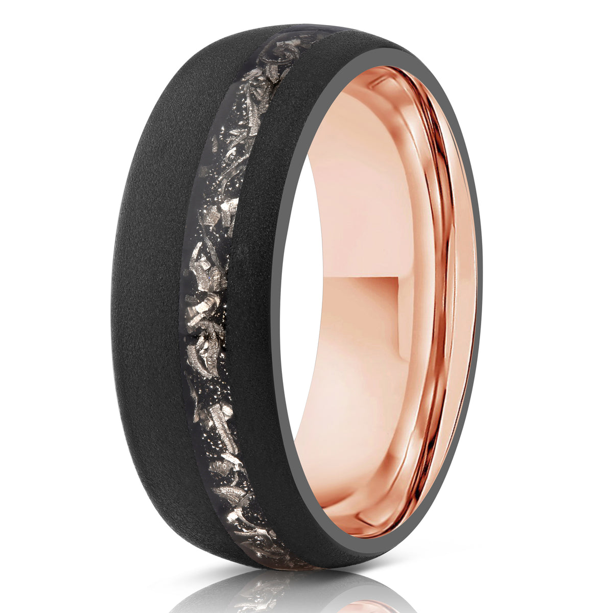 "Dionysus" Sandblasted Tungsten Carbide Ring- Black/Rose w/ Meteorite- 8mm