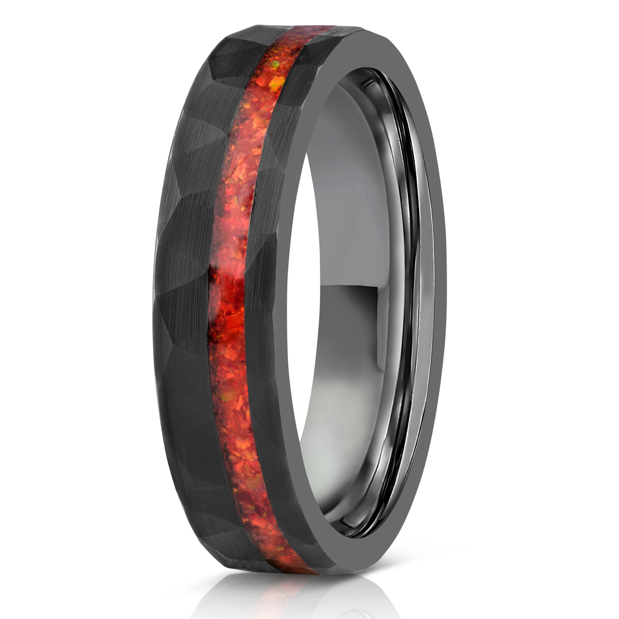 "Zeus" Womens Hammered Tungsten Carbide Ring- Black w/ Red Opal Strip- 5mm