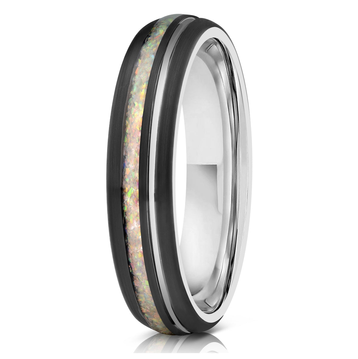 "Dionysis" Womens Tungsten Carbide Ring- White Gold X Fire Opal- 5mm