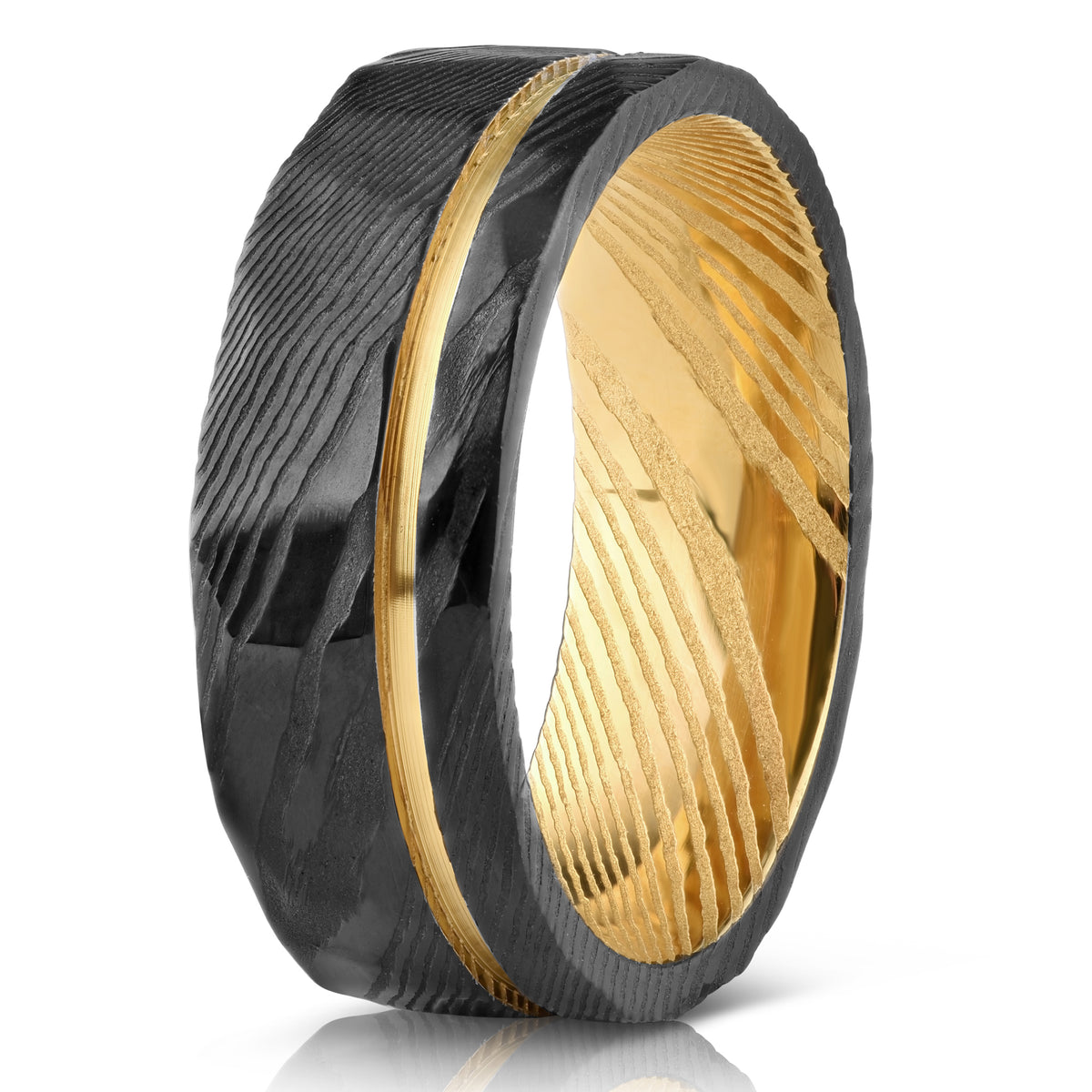 Black Hammered Flat "Poseidon" Yellow Gold Steel Ring