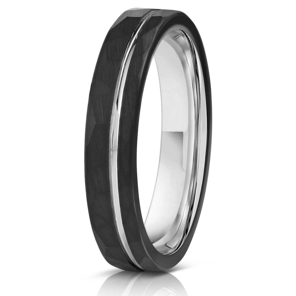 "Zeus" Womens Hammered Tungsten Carbide Ring- Black w/ White Gold Strip- 4mm-Rings By Lux