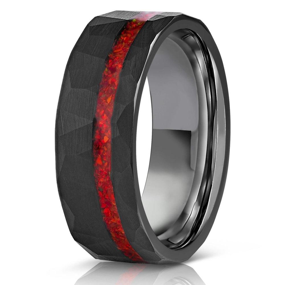 "Zeus" Hammered Tungsten Carbide Ring- Black w/ Red Opal Strip- 8mm-Rings By Lux