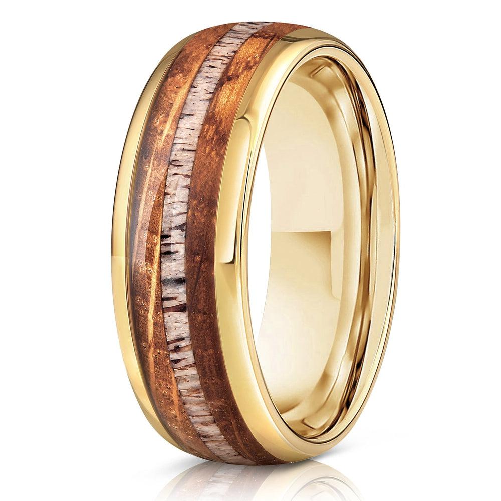 "Dionysus" Whisky Barrel Wood x Antler Ring- Yellow Gold Tungsten-Rings By Lux