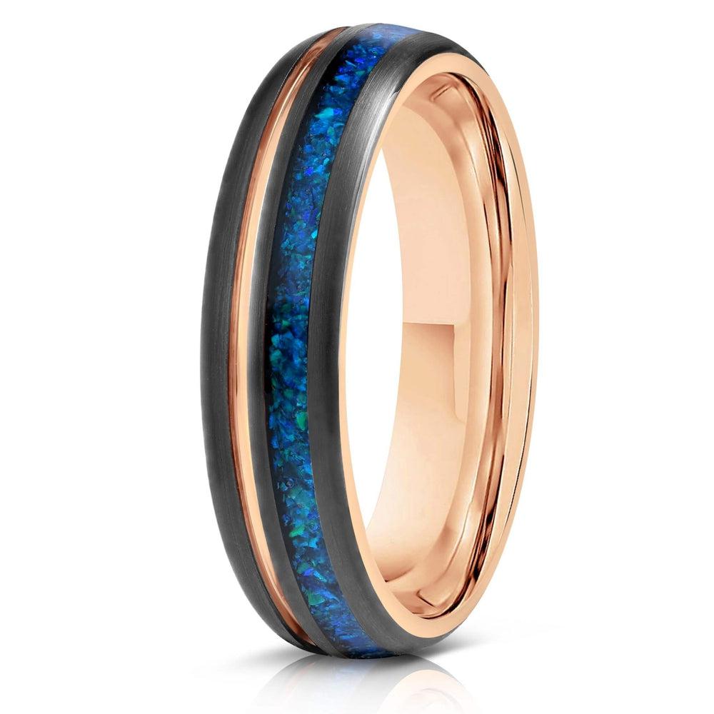 "Dionysis" Womens Tungsten Carbide Ring- Rose Gold X Blue Opal- 5mm-Rings By Lux